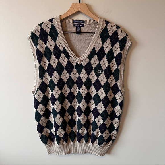 Gant vintage Hand Intarsia Argyle Cream & Navy Knit V-Neck Golf Sweater Sz L - Picture 1 of 9